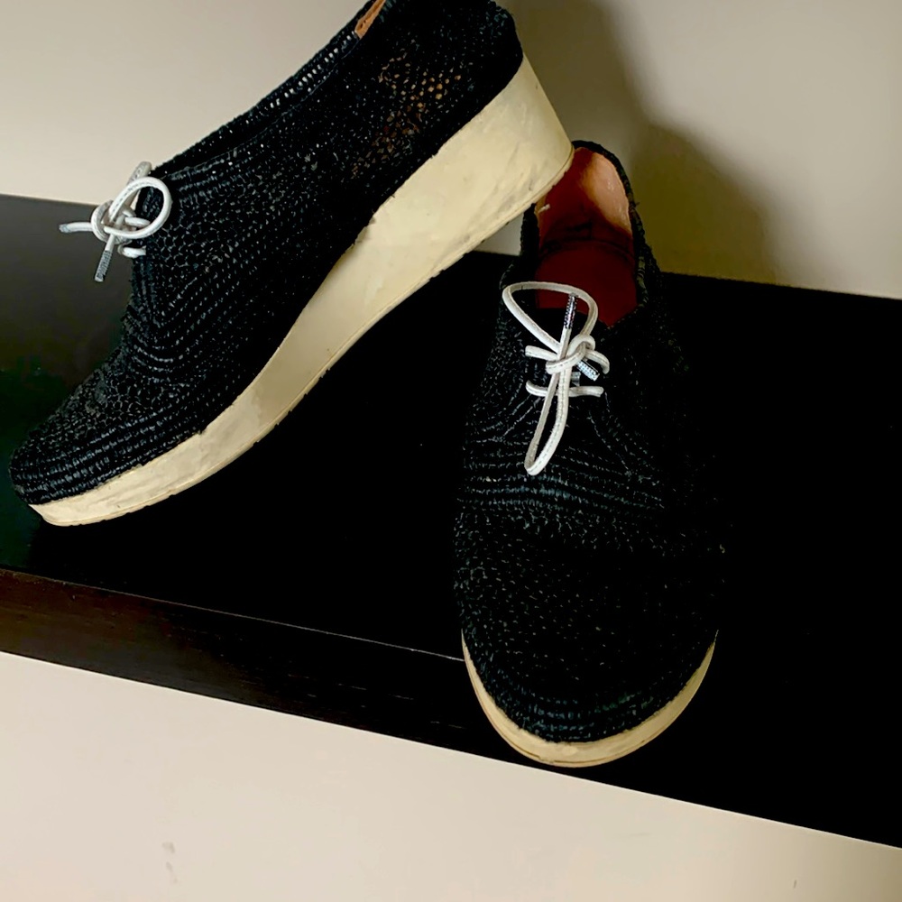 Robert Clergerie Lisa Platform Black Raffia Shoe Sneaker Derby Size 37.5 Boho